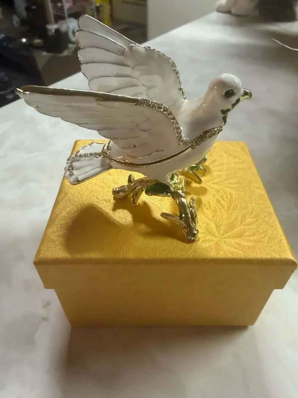 White Enamel and Rhinestone Peace Dove Hinged Trinket Jewelry Box